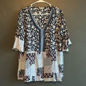 Mystree Navy and Cream Floral Patchwork Blouse